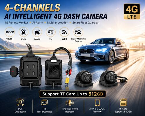 전면 및 후면 대시캠 4CH ADAS DMS 자동 비디오 레코더 4G GPS 와이파이 전용 트럭용 자석 카메라