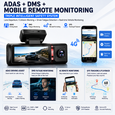 3 채널 인공지능 4G 대시 카메라 4K 전면, ADAS & DMS, GPS 추적, 24/7 주차 모니터