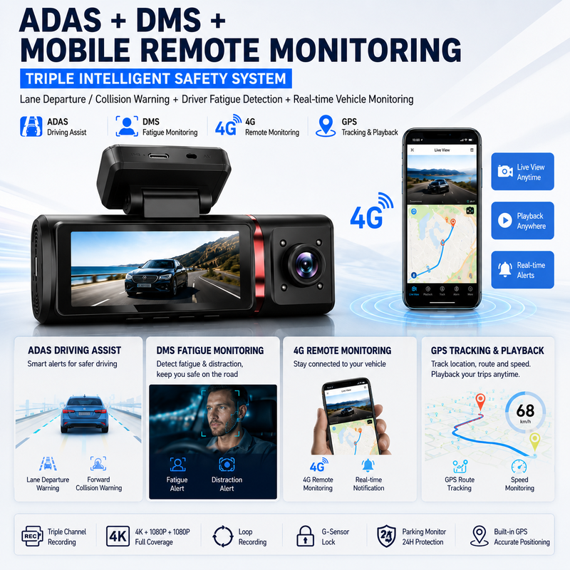 3 채널 인공지능 4G 대시 카메라 4K 전면, ADAS & DMS, GPS 추적, 24/7 주차 모니터